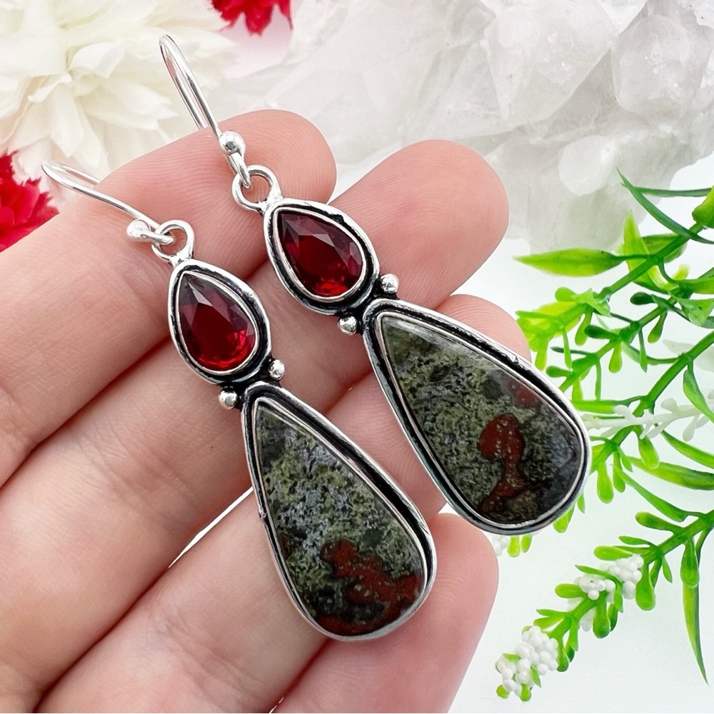 Dragon Blood Jasper and Garner Earrings Sterling Silver 925 Handmade New